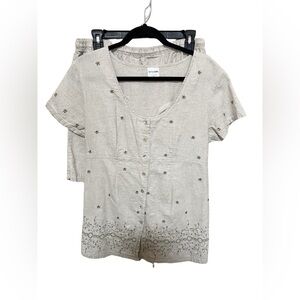 Motherhood L Linen Cotton Top Short Set Embroidery Floral Beige Maternity